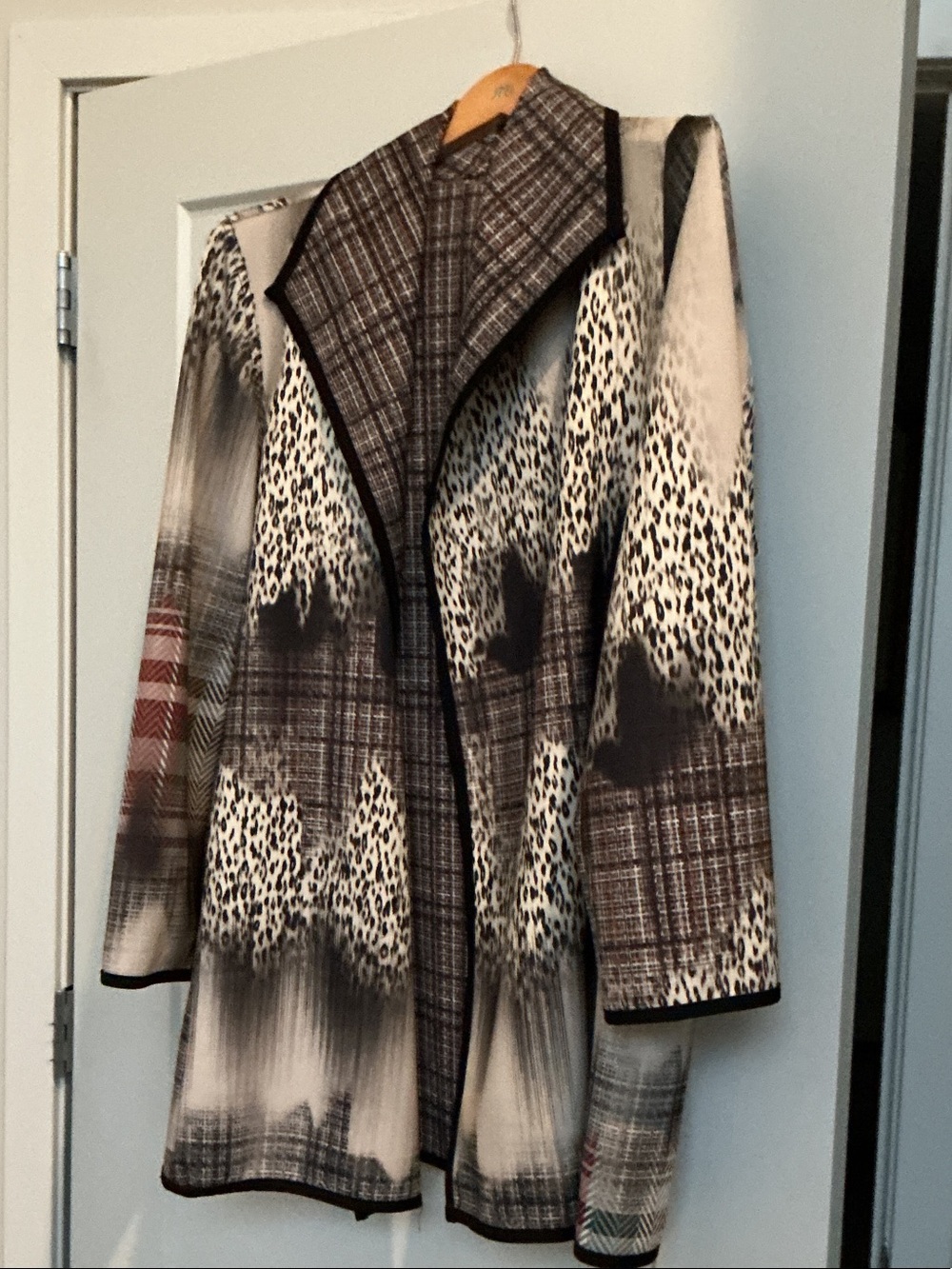 Women's Mixed Print Open-Front Trench Coat in Brown, Black & Cream